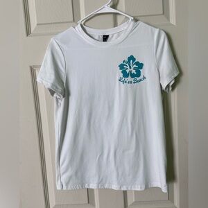 SHEIN White “Life’s a Beach” Tee with Teal Floral Print